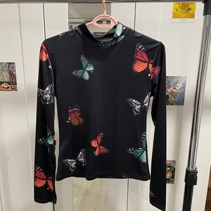 Mock neck butterfly print tee